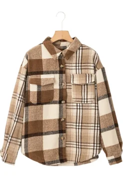 New Dear-Lover Flannel Plaid Double Flap Pocket Shacket Light French Beige