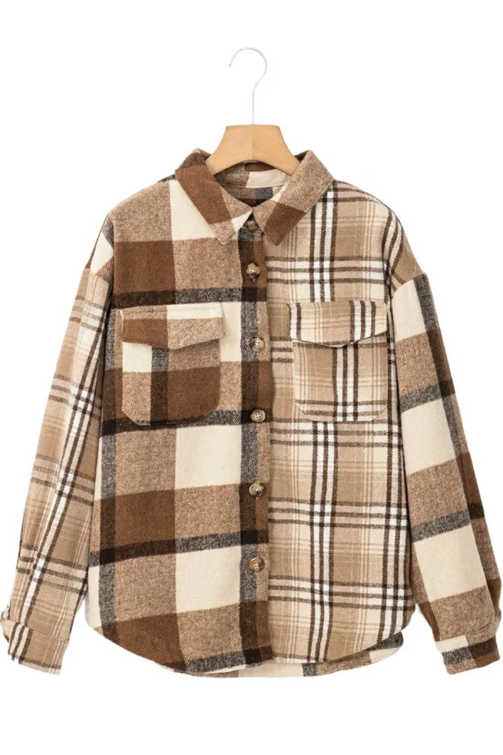 New Dear-Lover Flannel Plaid Double Flap Pocket Shacket Light French Beige