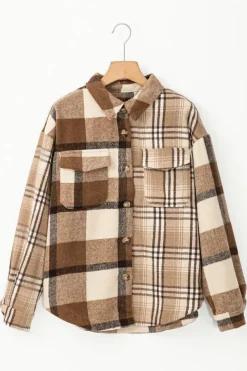 New Dear-Lover Flannel Plaid Double Flap Pocket Shacket Light French Beige