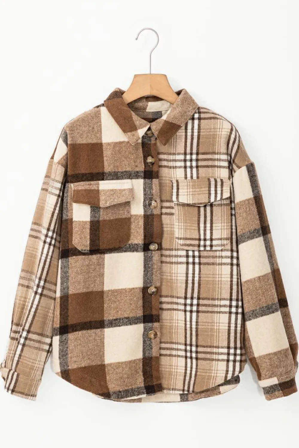 New Dear-Lover Flannel Plaid Double Flap Pocket Shacket Light French Beige