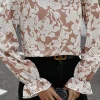 Hot Dear-Lover Floral Print Frilled Neckline Flounce Sleeve Blouse Light French Beige