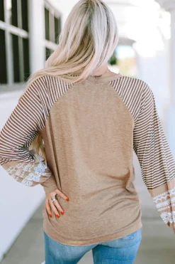 Sale Dear-Lover Floral Striped Patchwork Loose Long Sleeve Top Light French Beige