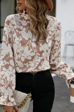Hot Dear-Lover Floral Print Frilled Neckline Flounce Sleeve Blouse Light French Beige