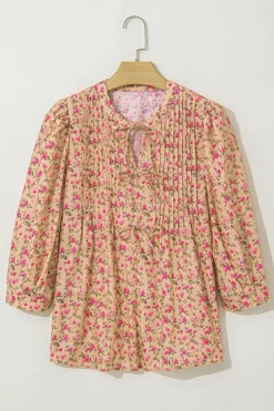 Fashion Dear-Lover Floral Print Bow Pintuck Bust Half Puff Sleeve Blouse Top Light French Beige