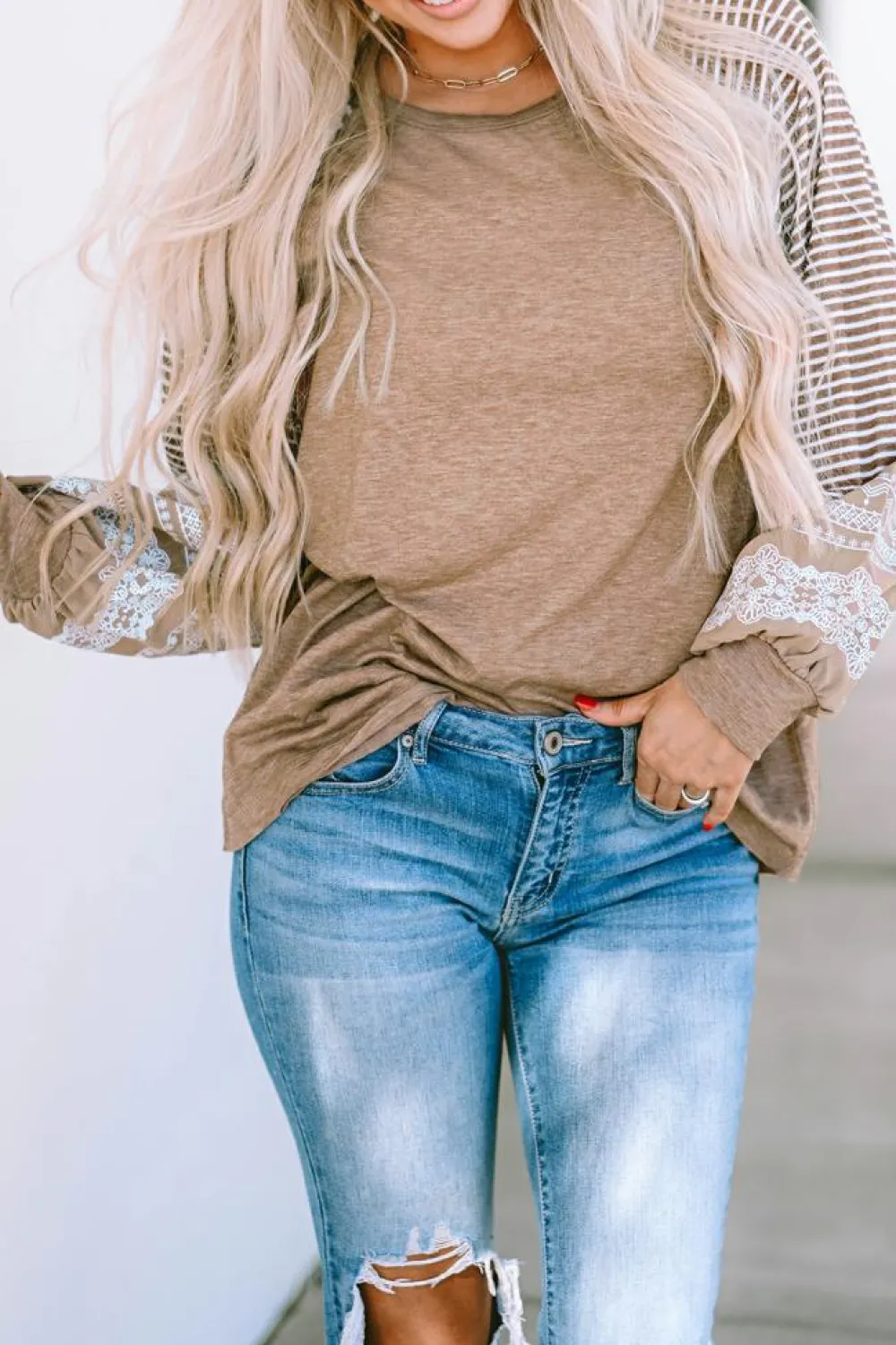 Sale Dear-Lover Floral Striped Patchwork Loose Long Sleeve Top Light French Beige