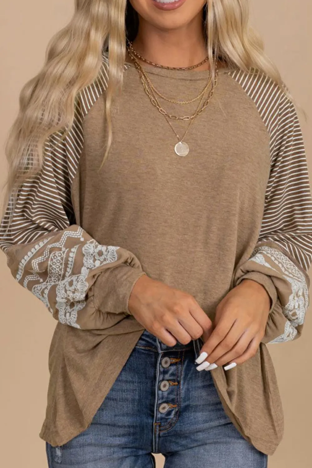 Sale Dear-Lover Floral Striped Patchwork Loose Long Sleeve Top Light French Beige