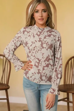 Hot Dear-Lover Floral Print Frilled Neckline Flounce Sleeve Blouse Light French Beige