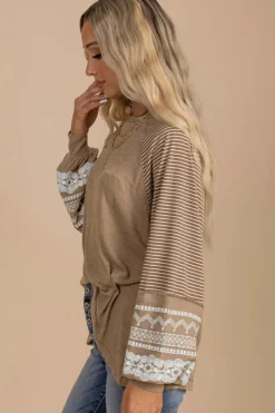 Sale Dear-Lover Floral Striped Patchwork Loose Long Sleeve Top Light French Beige