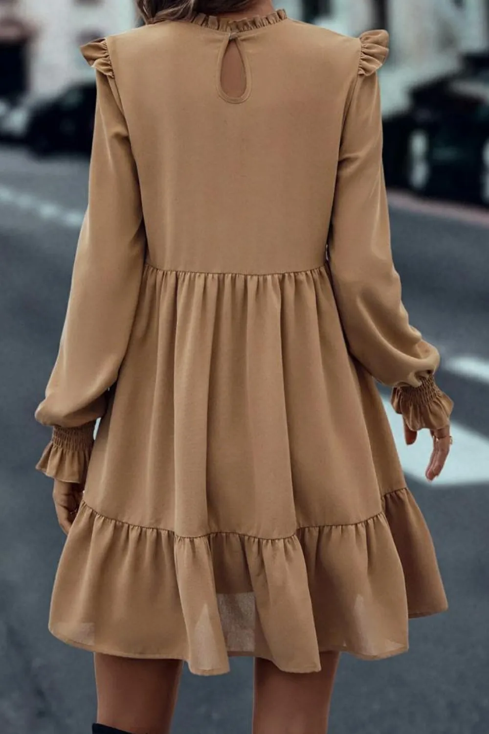 Outlet Dear-Lover Frilled Collar Ruffled Shoulder Tiered Dress Light French Beige