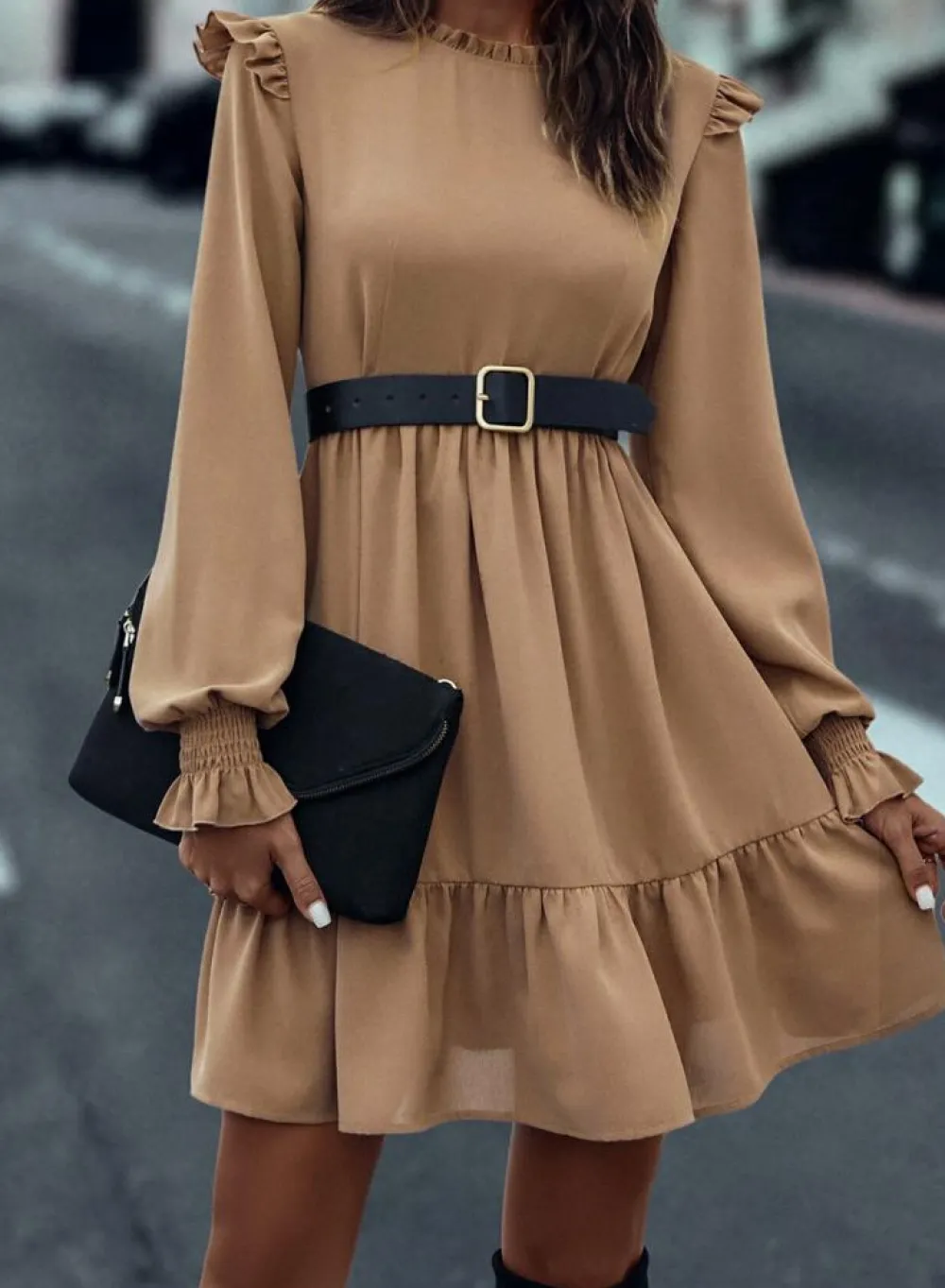 Outlet Dear-Lover Frilled Collar Ruffled Shoulder Tiered Dress Light French Beige