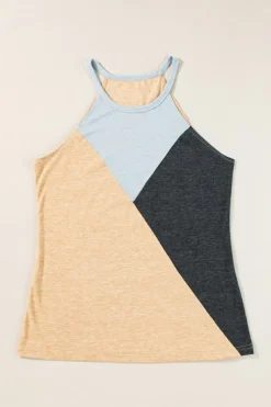 Fashion Dear-Lover Geometric Color Block Sleeveless Top Light French Beige