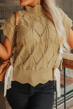 Outlet Dear-Lover Hollowed Knit Scalloped Trim High Neck Sweater Light French Beige