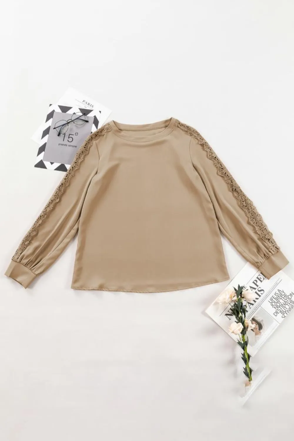 Best Dear-Lover Lace Crochet Patched Crew Neck Top Light French Beige