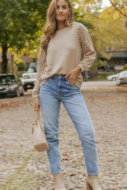 Discount Dear-Lover Lace Patch Sleeve Waffle Knit Top Light French Beige