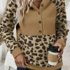 Discount Dear-Lover Leopard Print Patchwork Raglan Sleeve Half Buttons Hoodie Light French Beige