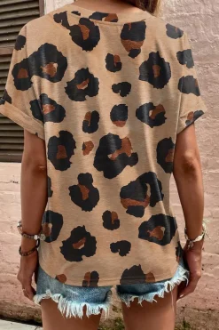Discount Dear-Lover Leopard Folded Short Sleeve Buttoned V Neck T Shirt Light French Beige