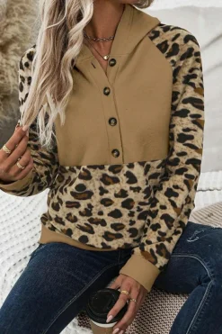 Discount Dear-Lover Leopard Print Patchwork Raglan Sleeve Half Buttons Hoodie Light French Beige