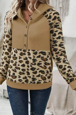 Discount Dear-Lover Leopard Print Patchwork Raglan Sleeve Half Buttons Hoodie Light French Beige