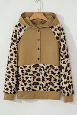 Discount Dear-Lover Leopard Print Patchwork Raglan Sleeve Half Buttons Hoodie Light French Beige
