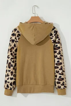 Discount Dear-Lover Leopard Print Patchwork Raglan Sleeve Half Buttons Hoodie Light French Beige