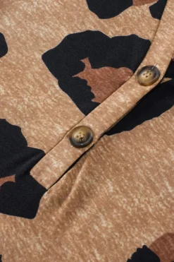Discount Dear-Lover Leopard Folded Short Sleeve Buttoned V Neck T Shirt Light French Beige