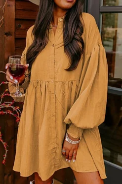 New Dear-Lover Loose Bishop Sleeve Shirt Dress Light French Beige