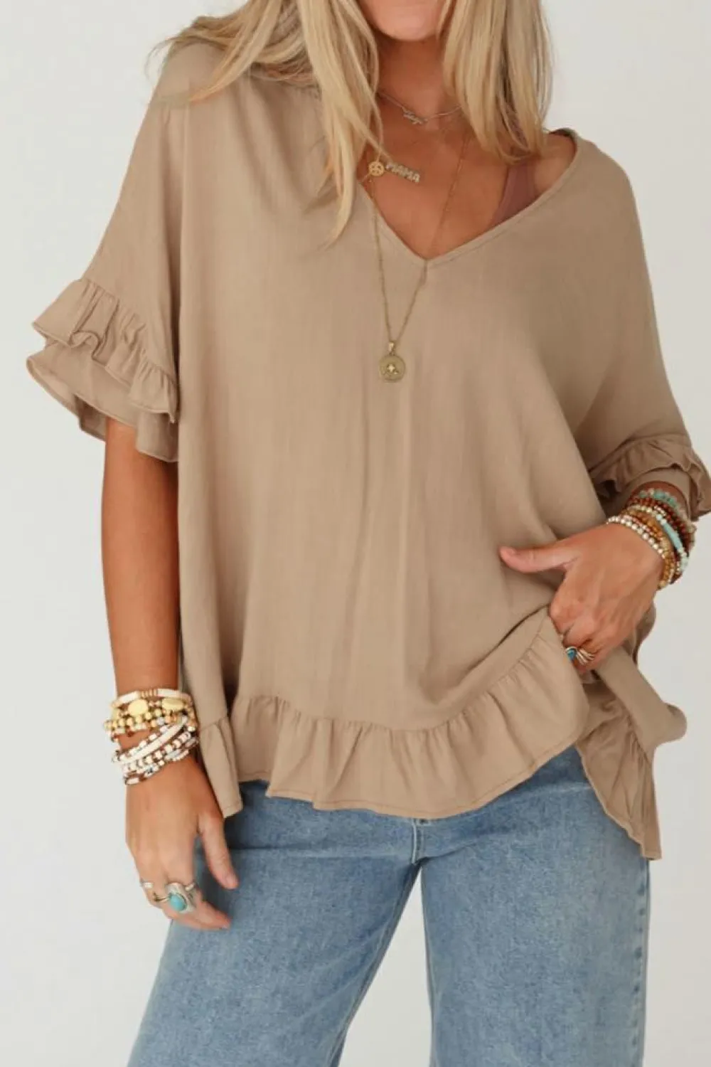 Online Dear-Lover Loose Ruffled V Neck Blouse Light French Beige