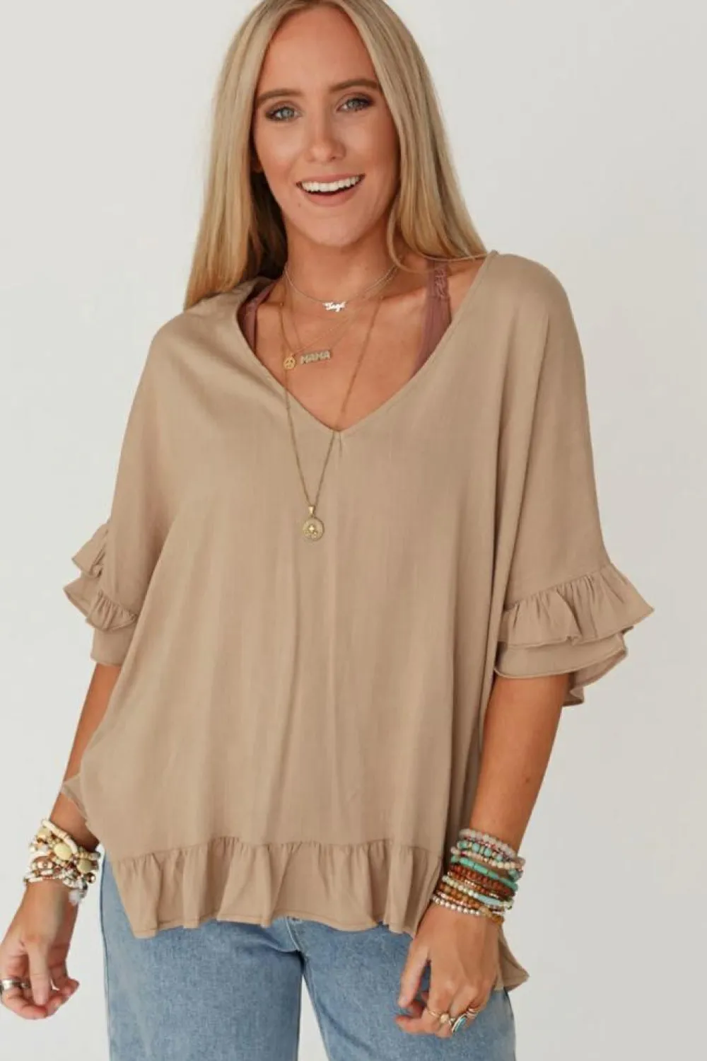 Online Dear-Lover Loose Ruffled V Neck Blouse Light French Beige