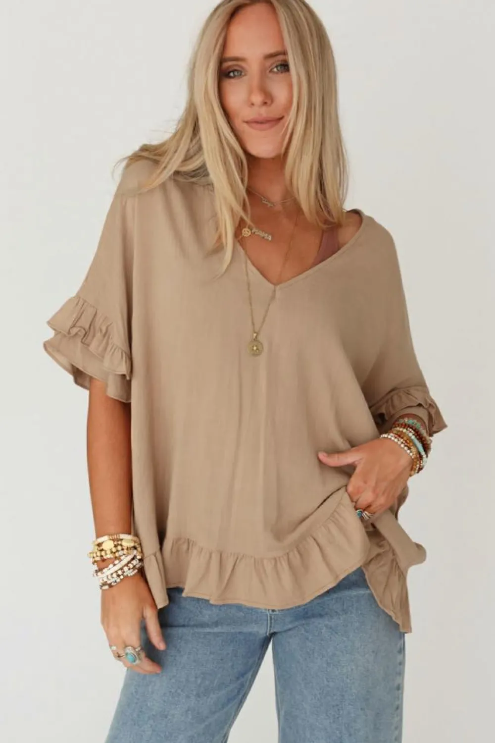 Online Dear-Lover Loose Ruffled V Neck Blouse Light French Beige