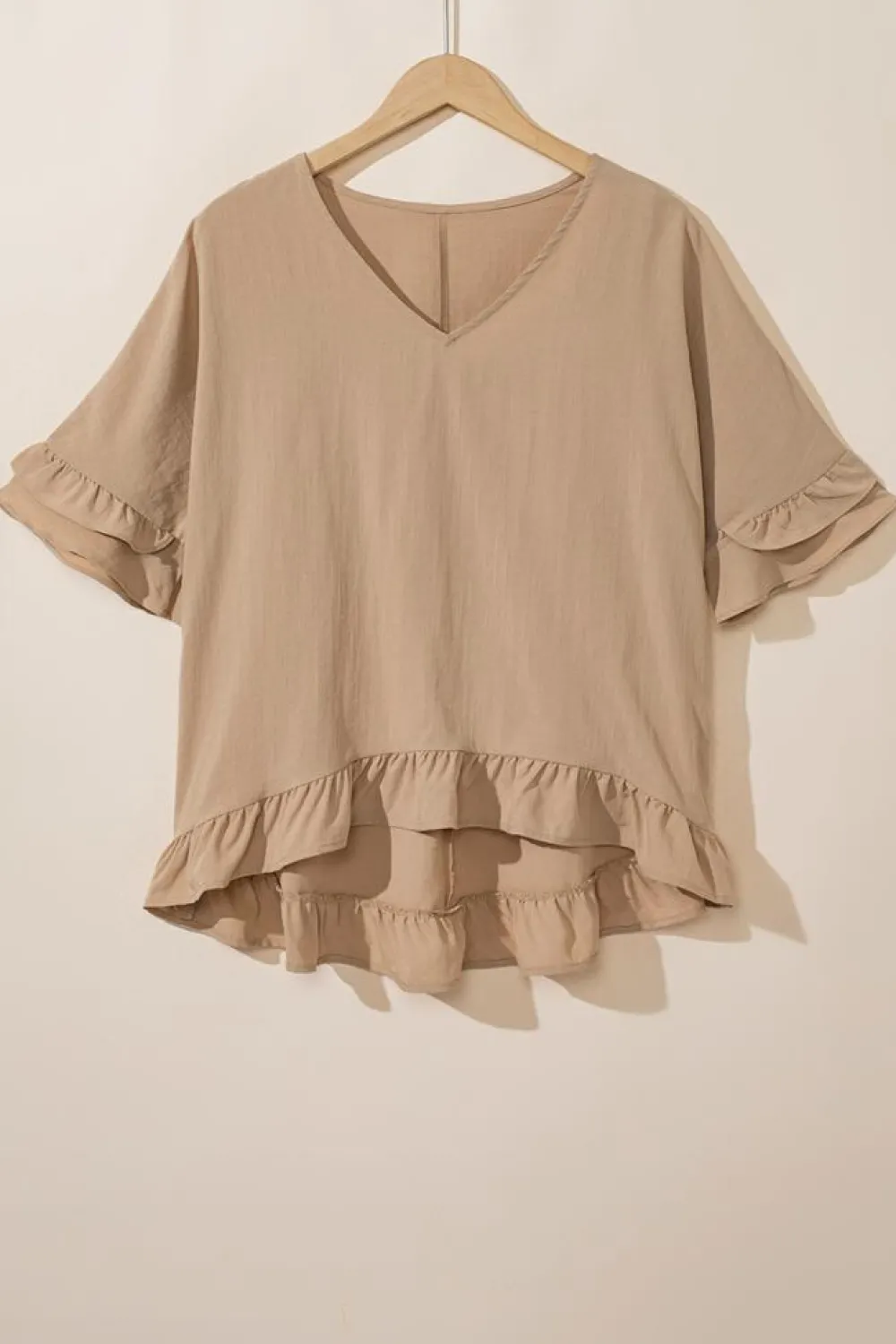 Online Dear-Lover Loose Ruffled V Neck Blouse Light French Beige