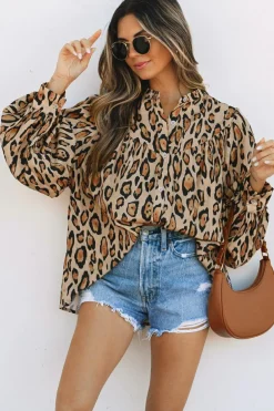 Sale Dear-Lover Oversized Leopard Print Balloon Sleeve Casual Shirt Light French Beige