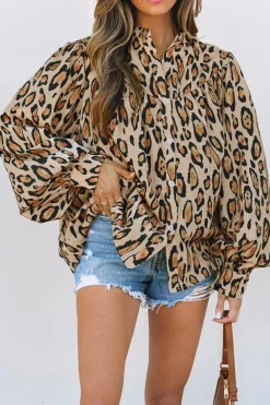 Sale Dear-Lover Oversized Leopard Print Balloon Sleeve Casual Shirt Light French Beige
