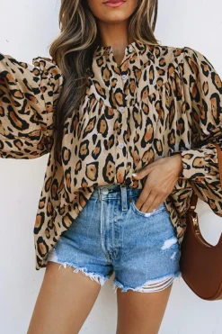 Sale Dear-Lover Oversized Leopard Print Balloon Sleeve Casual Shirt Light French Beige