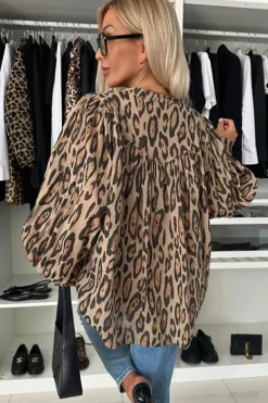 Sale Dear-Lover Oversized Leopard Print Balloon Sleeve Casual Shirt Light French Beige