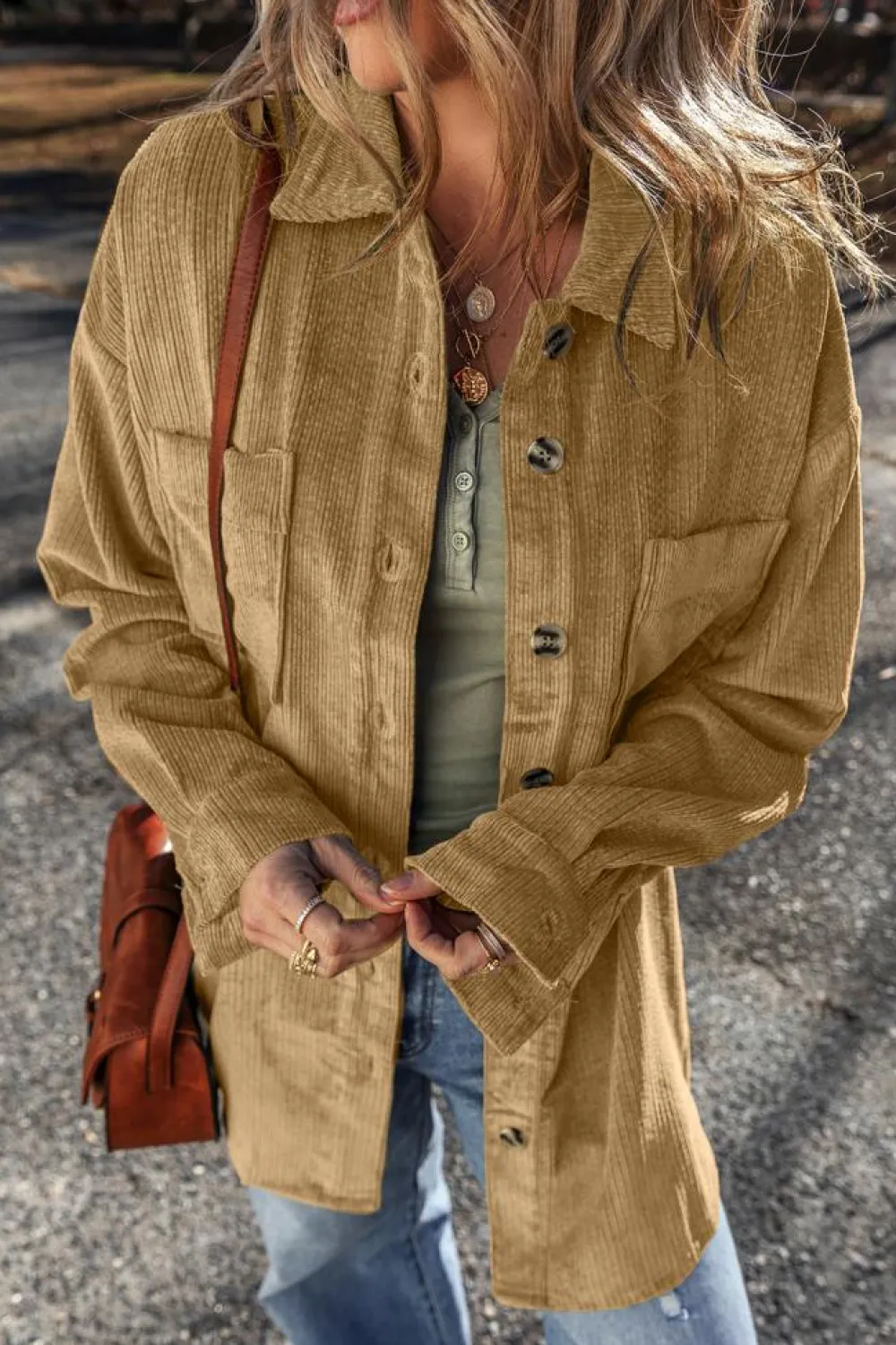Best Dear-Lover Patched Pocket Button Up Corduroy Shacket Light French Beige