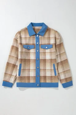 Outlet Dear-Lover Plaid Patchwork Flap Detail Button Up Shacket Light French Beige