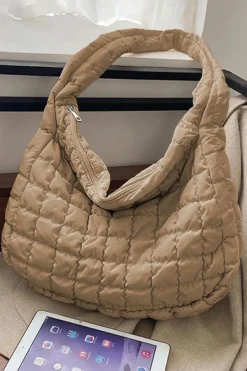 Fashion Dear-Lover Quilted Zipper Large Shoulder Bag Light French Beige