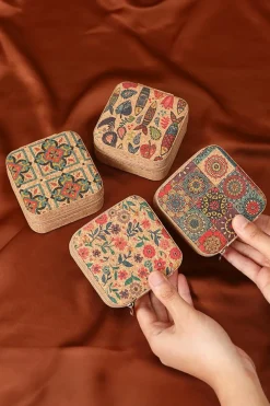 Best Dear-Lover Retro Floral Print Portable Square Jewelry Box Light French Beige