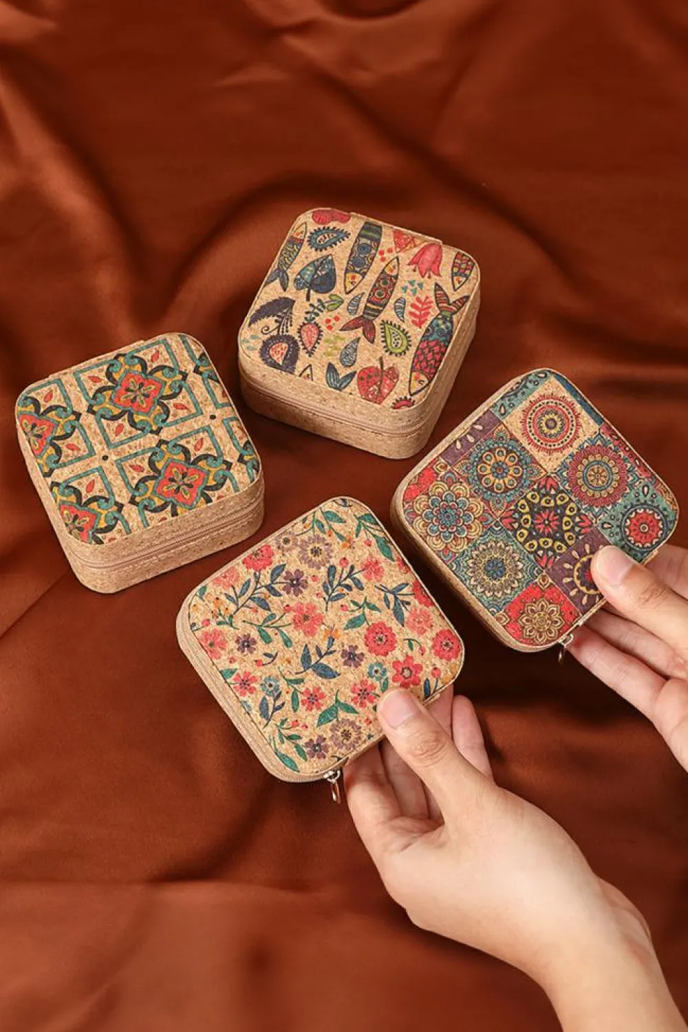 Best Dear-Lover Retro Floral Print Portable Square Jewelry Box Light French Beige