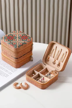 Best Dear-Lover Retro Floral Print Portable Square Jewelry Box Light French Beige