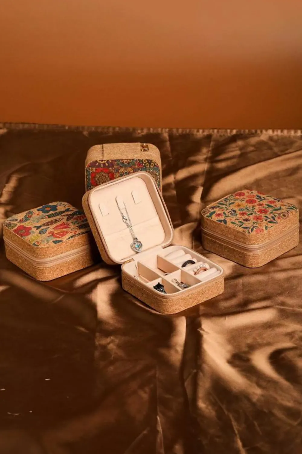 Best Dear-Lover Retro Floral Print Portable Square Jewelry Box Light French Beige