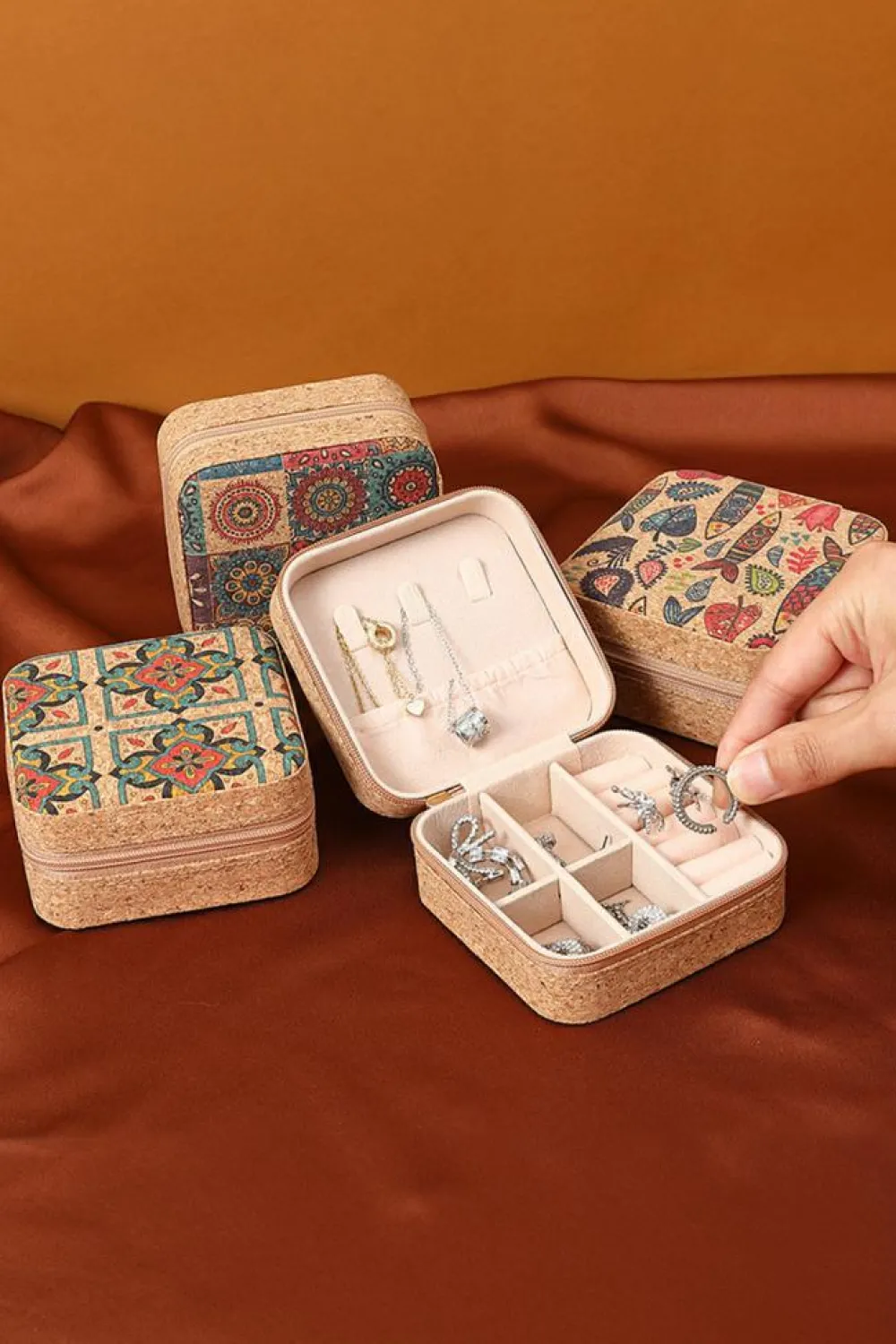 Best Dear-Lover Retro Floral Print Portable Square Jewelry Box Light French Beige