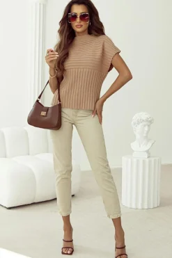 Hot Dear-Lover Rib Knitted Wide Sleeve Sweater T Shirt Light French Beige