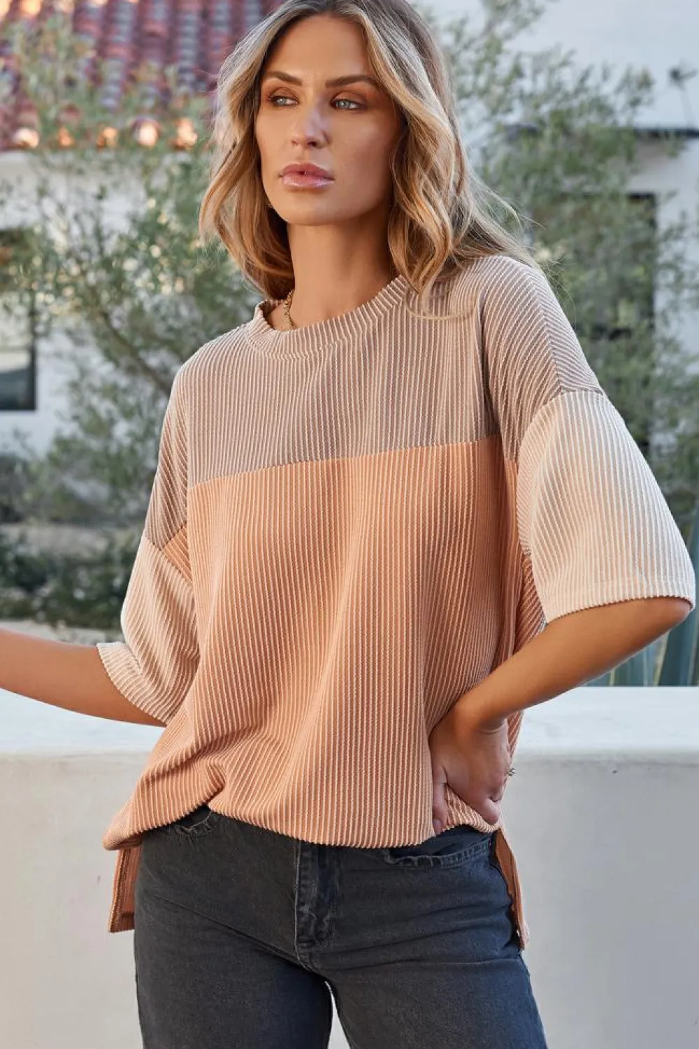 Clearance Dear-Lover Rose Color Block Ribbed Side Slits Half Sleeve Top Light French Beige