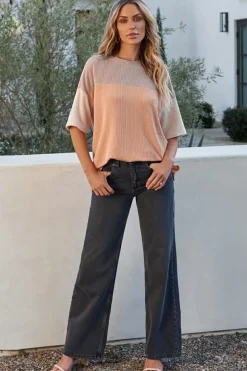 Clearance Dear-Lover Rose Color Block Ribbed Side Slits Half Sleeve Top Light French Beige