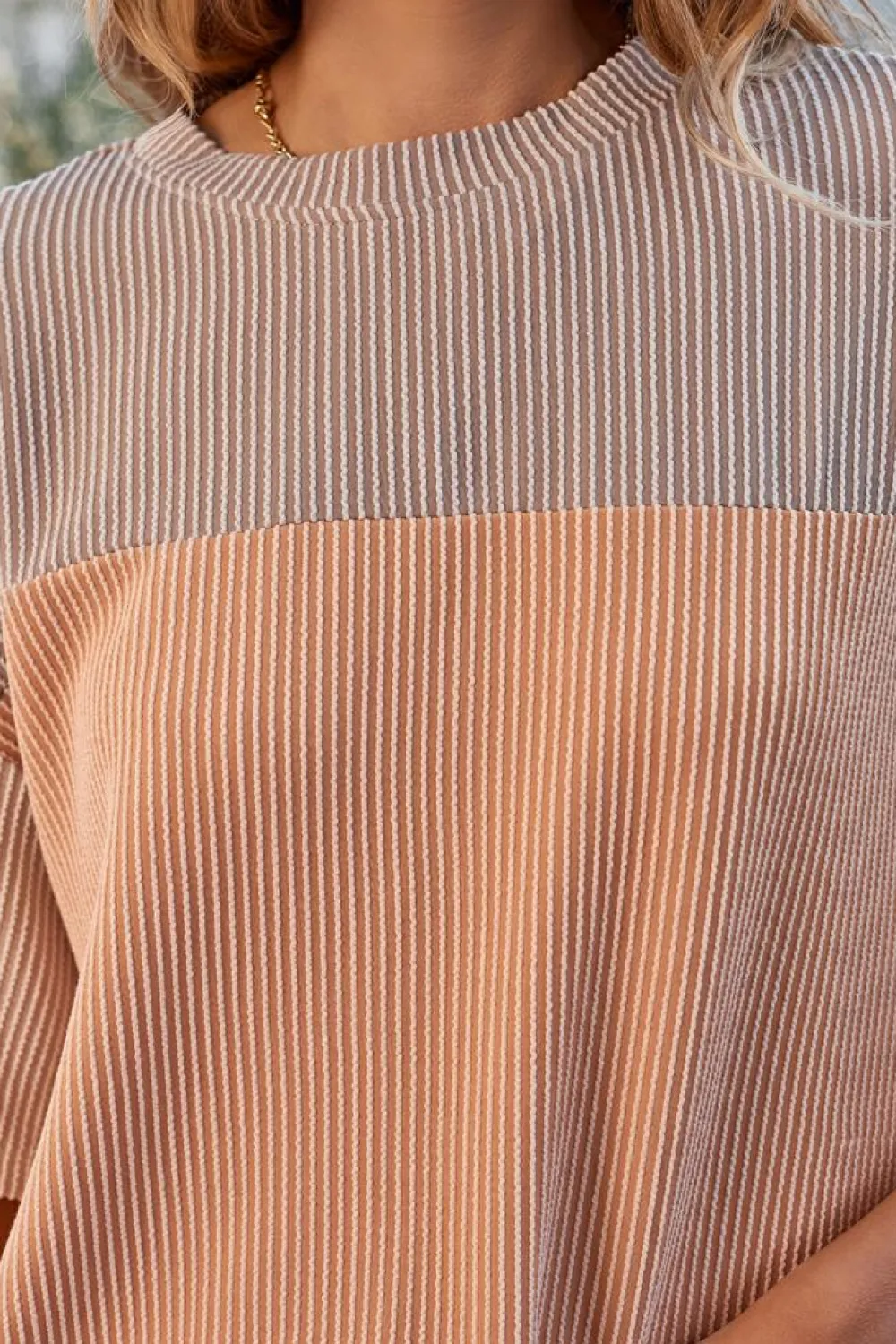 Clearance Dear-Lover Rose Color Block Ribbed Side Slits Half Sleeve Top Light French Beige
