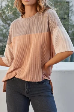 Clearance Dear-Lover Rose Color Block Ribbed Side Slits Half Sleeve Top Light French Beige