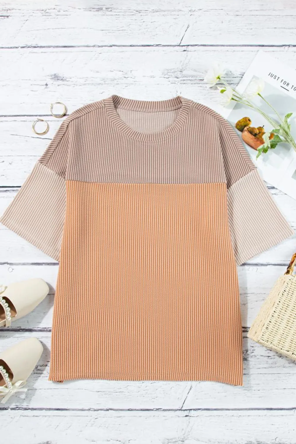 Clearance Dear-Lover Rose Color Block Ribbed Side Slits Half Sleeve Top Light French Beige