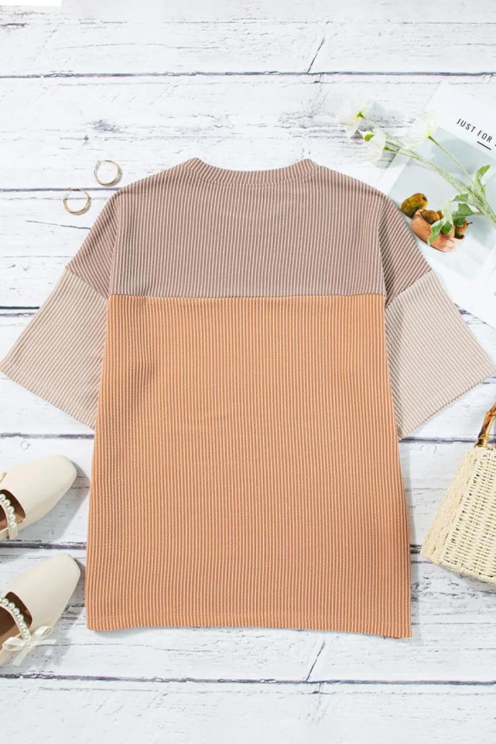 Clearance Dear-Lover Rose Color Block Ribbed Side Slits Half Sleeve Top Light French Beige