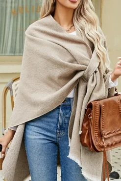 Clearance Dear-Lover Solid Wrap Cross Front Large Warm Shawl Light French Beige